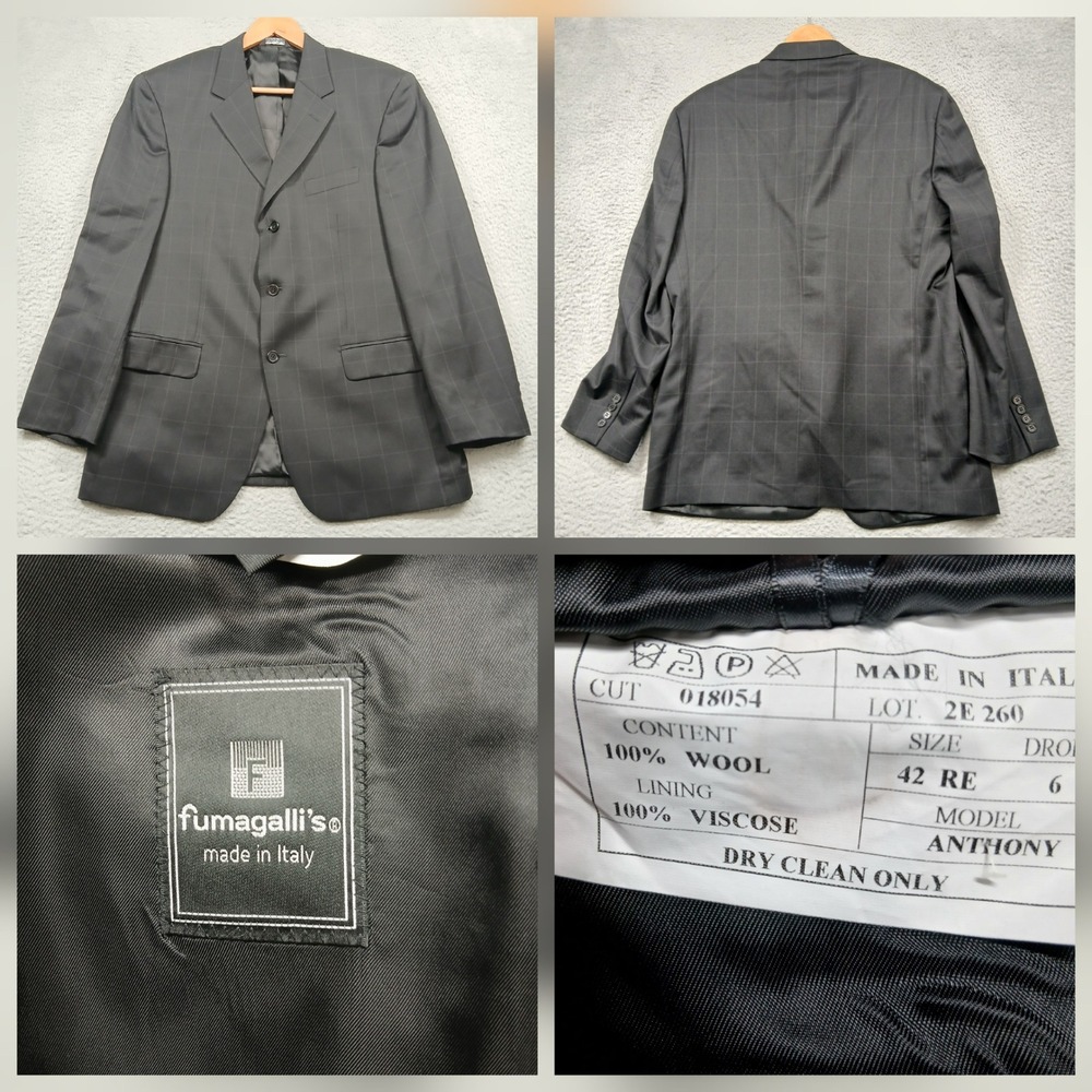 Fumagalli Wool Blazer Mens 42R Gray Windowpane‎ Made in Italy Anthony